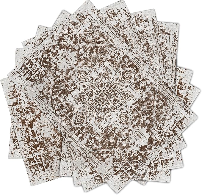 Gray Brown Boho Placemats Set of 6 Ethnic Bohemian Carpet Place Mats Washable Kitchen Dining Vintage Grey Geography Floral Linen Table Mats Stain Heat-Resistant for Home Party Indoor 12x18 in