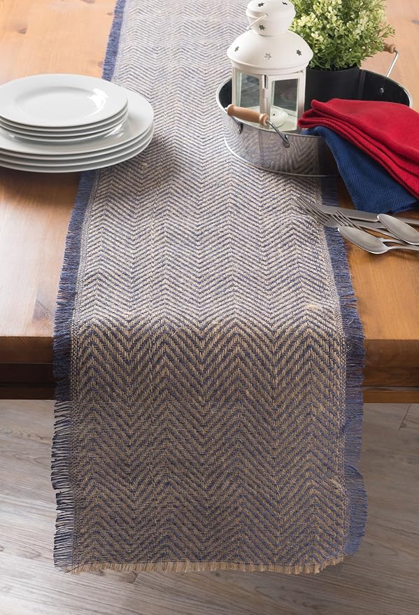DII Jute Burlap Collection Kitchen Tabletop, Table Runner, 14x72, Chevron Blue