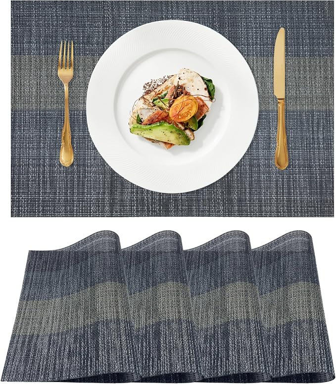 Placemats Set of 4 Vinyl/Plastic Woven Place Mats Washable and Durable Non-Slip Table Mats for Kitchen Dining Table Decoration Indoor/Outdoor (Black, 4)