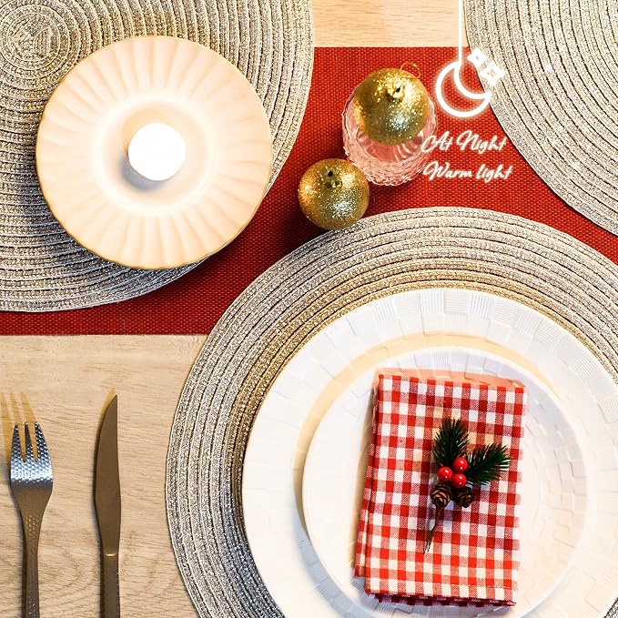 AHHFSMEI Round Placemats Set of 6 Heat Resistant Washable Non-Slip Woven Braided Table Mats for Dining Table Kitchen & Home Decor (Silver Shine)