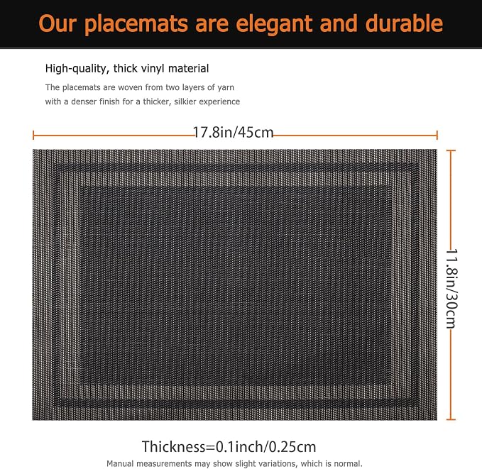 Placemats Set of 6 Washable&Wipeable Place mats for Dining Table Kitchen Indoor Outdoor Table Mats Heat Resistant Non Slip Woven Vinyl Table Placemats (Black，6PCS)