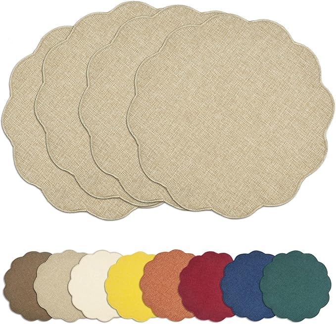 AHHFSMEI Round Faux Linen Placemats Set of 4 Heat Resistant Non-Slip Stain Proof Table Mats for Kitchen Dining Elegant Decor Place Mats (Linen Beige,4)
