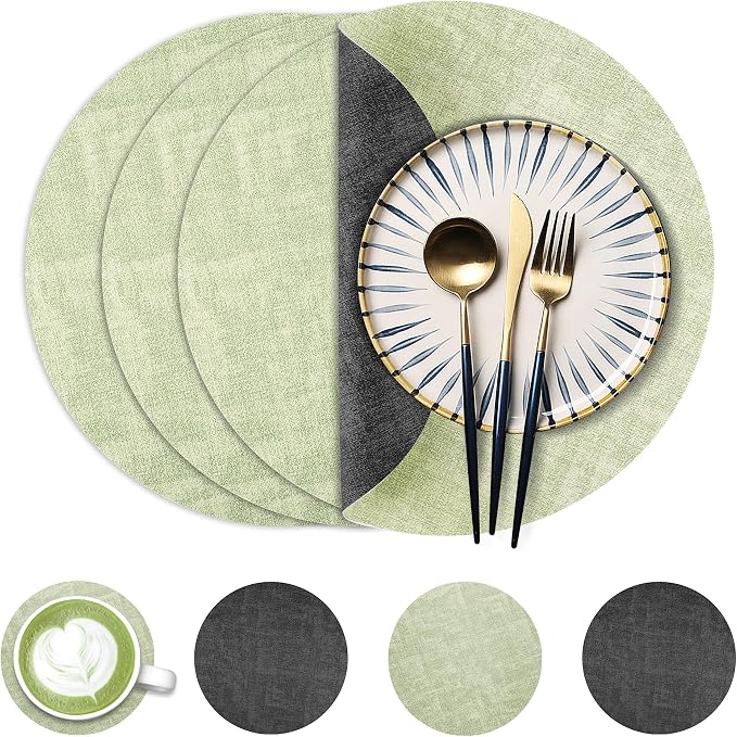 13-Inch Faux Leather Round Placemats Set of 4, Waterproof Anti-Slip Dual Sided Place mats, Heat Resistant Washable Table Mats with Coaster, Suitable for Indoor & Outdoor (4, Black Light Green)