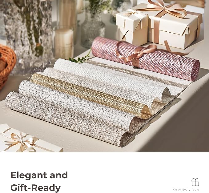 Leetaltree Sparkling White and Silvery Vinyl Woven Placemats Set of 6 - Durable - Washable - Wipeable Dining Table Place Mats, Suitable for Indoor & Outdoor Use - Hand-Cut
