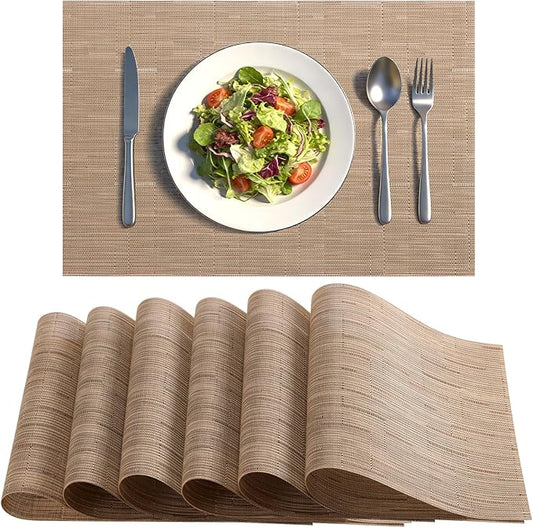 Timeet Placemats Set of 6, Heat Resistant Non-Slip Place Mats, Durable Washable PVC Vinyl Woven Table Mats, Linen Textured Table Placemats for Dining Kitchen Resistant Easy to Clean(Brown)