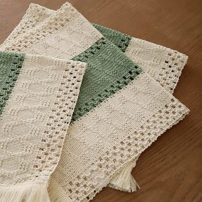Green Placemats Set of 4 Macrame Table Decor with Fringe Boho Farmhouse Woven Table Placemats in Natural Burlap for Kitchen and Dining Table Centerpiece Home Decorations