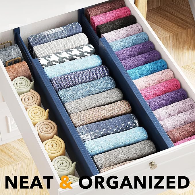 SpaceAid Bamboo 4 Pack Dresser Drawer Dividers, 4.65“ High Adjustable 17“-22” Drawer Organizers, Expandable Organization for Clothing, Clothes, Dressers, Navy Blue