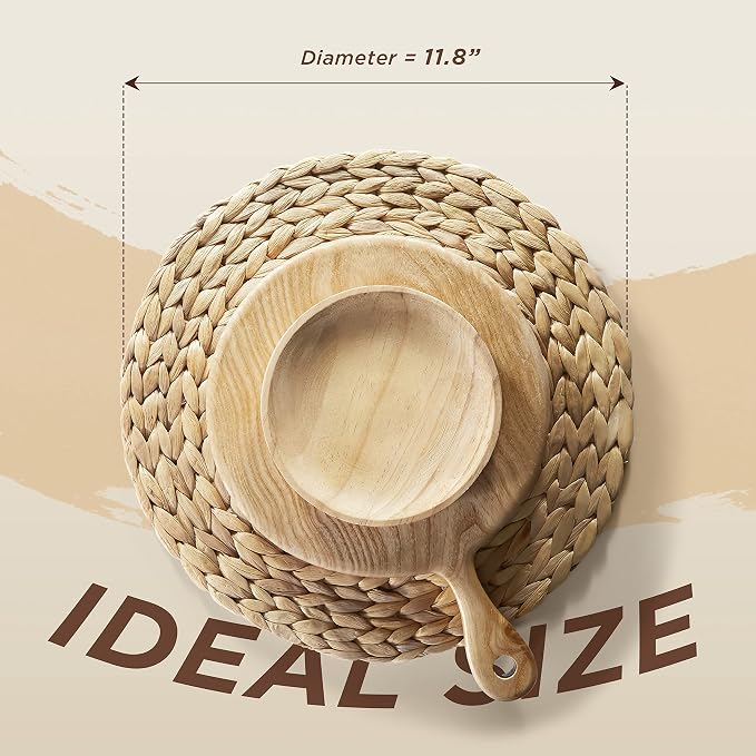BLUEWEST Round Woven Placemats (12"-15") - Rattan, Wicker Water Hyacinth, Braided Set - Heat Resistant/Anti-Slip for Dinner Plates (12", Set of 6)
