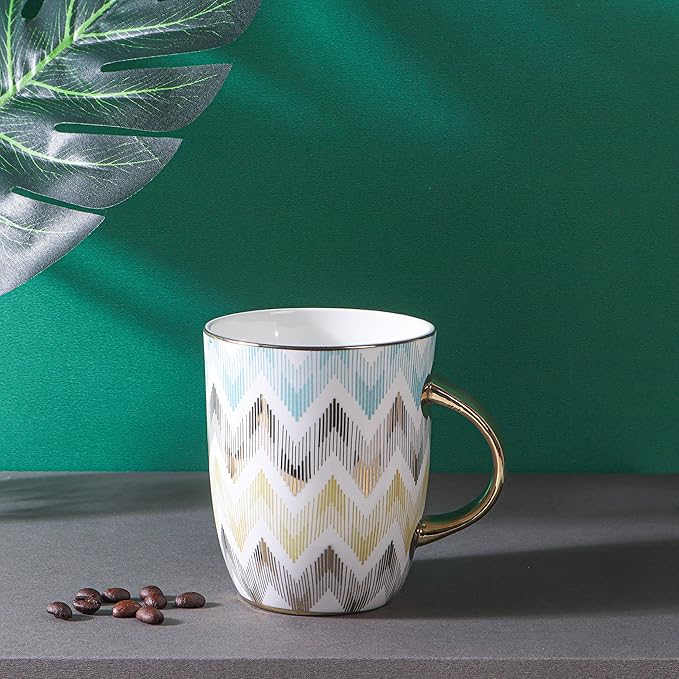 Femora Handcrafted Ceramic Coffee Mugs Indian Golden Design Set of 2 (10 oz), Cappuccino & Latte Cups, Espresso Mugs