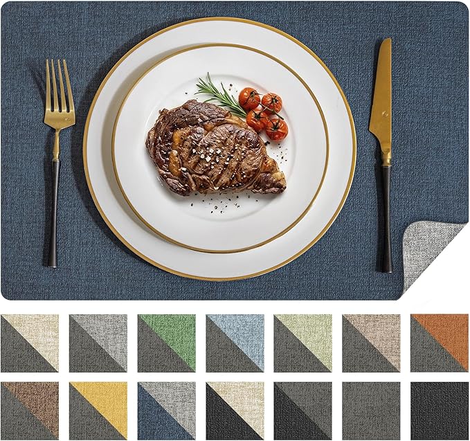 Romanstile Vinyl Placemats Set of 6, Reversible Faux Leather Heat Resistant Wipeable Table Mats, Waterproof Washable Non-Slip Table Placemats for Dining/Kitchen/Outdoor (Grey Nave Blue, 12" x 17")