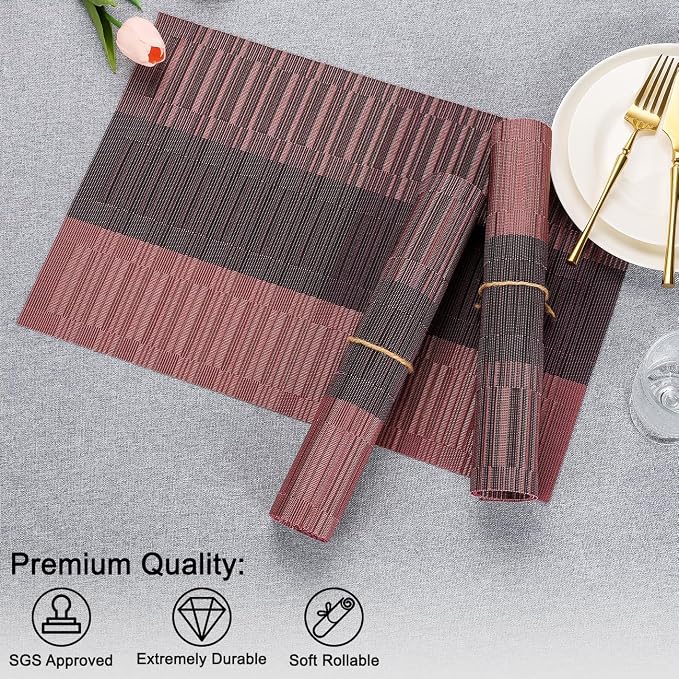 Placemats Set of 8, Vinyl Woven Place Mats Indoor Set of 8 Washable Wipeable PVC Table Mats Heat-Resistant Non Slip Plastic Placemat for Kitchen Dining Outdoor Table (Purple Red, Set of 8)