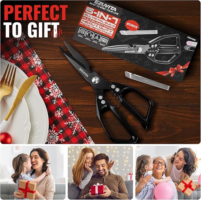 5-in-1 Multifunctional Heavy-Duty Korean Kitchen Scissors with Tweezer, Black All Purpose Shears with Titanium Coated Stainless Steel Blades, Bone Cutting scissors for Meat, Fish, Vegetables