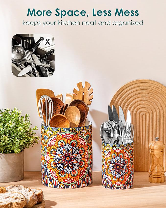 vancasso SIMI Utensil Holder, 7.3"+5.5" Porcelain Kitchen Utensil Holder for Countertop, Bohemian Kitchen Utensil Organizer for Spatulas, Spoons, Ladles, Decorative Counter Utensil Crock, Regal Bloom