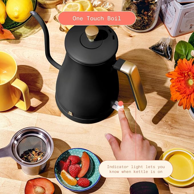 Electric Gooseneck Kettle 1 Liter 1200W Fast Boil with Precision Pour Spout, Stainless Steel Interior, Auto Shut-Off & 360° Swivel Base (Black Sesame)