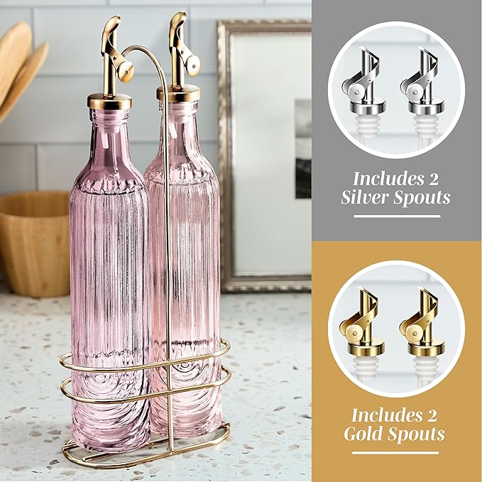 COOK WITH COLOR Glass Olive Oil Bottle Dispenser - 2 Pack- 17oz Oil and Vinegar Cruet - Olive Oil Carafe Decanter for Kitchen, Elegant Fluted, Pink