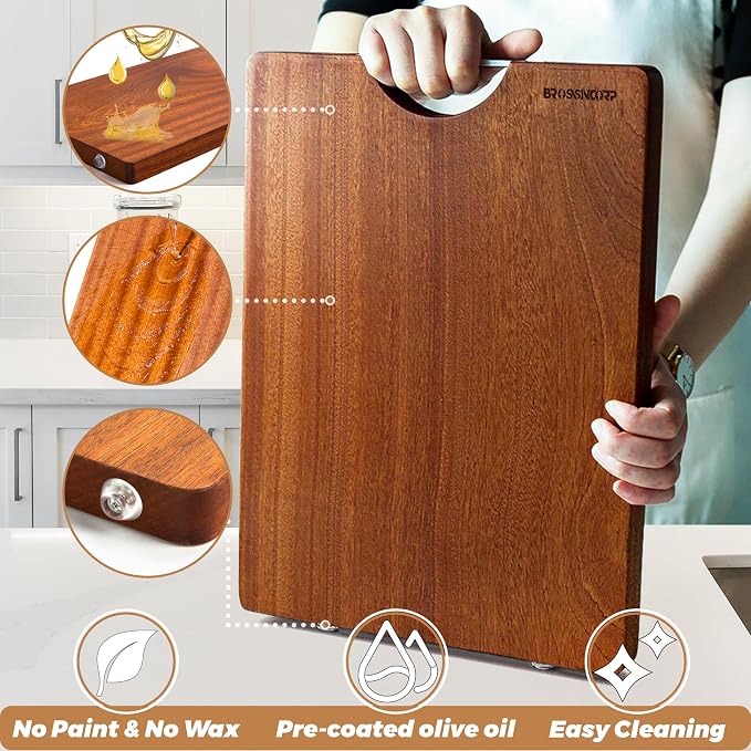 Brosisincorp Real Solid Sapele Cutting Board One Piece No Glue Non Toxic All Whole Single Wood Butcher Block Thick Hard Wood Heavy Duty Edge Grain (Medium, 14.96"L*11.02"W*0.98"Th)