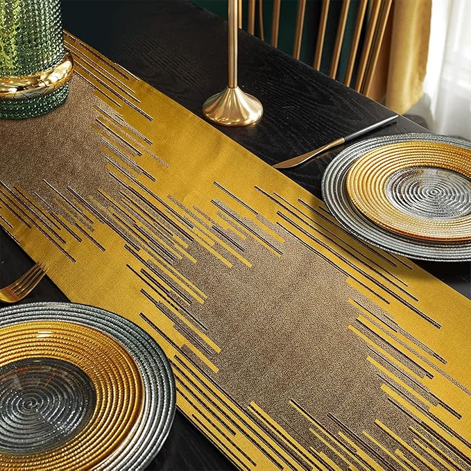 Gold Table Runner 120 Inches Long Luxury Abstract Geometry Thick Fabric Handmade Embroidery Pattern for Home Living Room Bedroom Dinner Room Art Decor Party