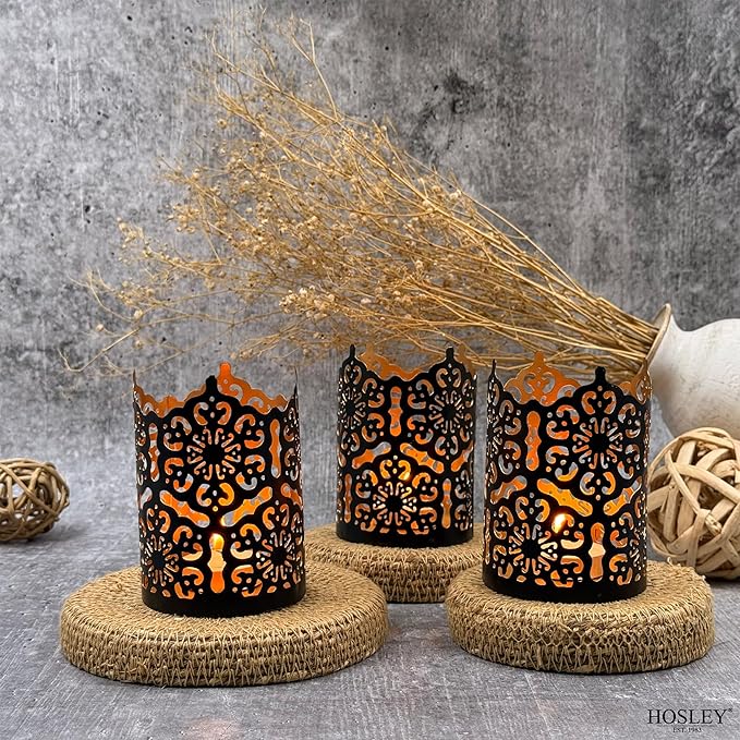 Hosley Set of 3 Black Finish Metal Candle Holders 4 Inch High Lattice Cut Lanterns for Coordinated Elegance and Enchanting Illumination Elevate Your Decor