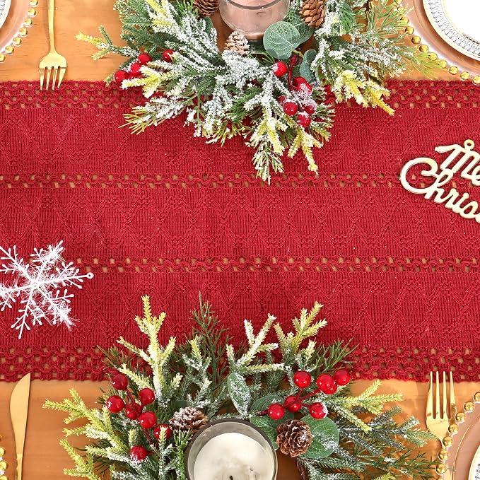 Macrame Table Runner Christmas Red Boho Table Runners with Tassels Hand Woven Cotton Table Runner Rustic Farmhouse Table Runners for Xmas Kitchen Dining Table(12x71in)