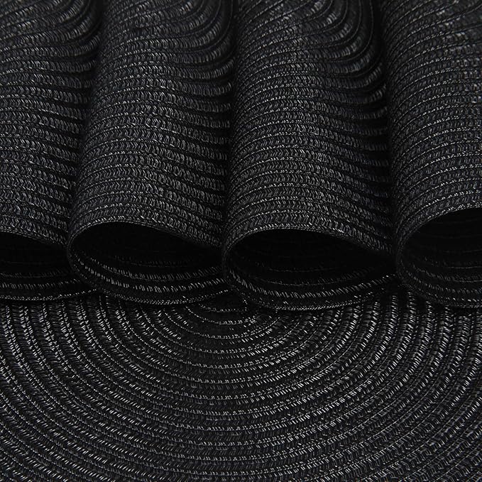 Topotdor 14 Inch Round Placemats Heat-Resistant Stain Resistant Anti-Skid Washable Polyproplene Table Mats Placemats (Black, Set of 6)