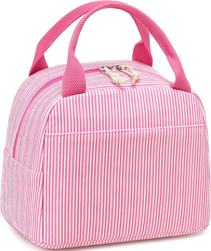 LEDAOU Lunch Box for Women Insulated Lunch Bag Corduroy Lunch Tote Bags Leakproof Cooler Lunch Case for Travel Work Picnic (K-Stripes-Pink)
