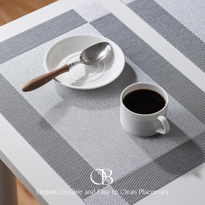 Placemats Set of 6 - Easy Clean Woven Vinyl Placemats for Dining Table, Indoor/Outdoor Place Mats, Washable PVC Table Mats （Silver Cube）