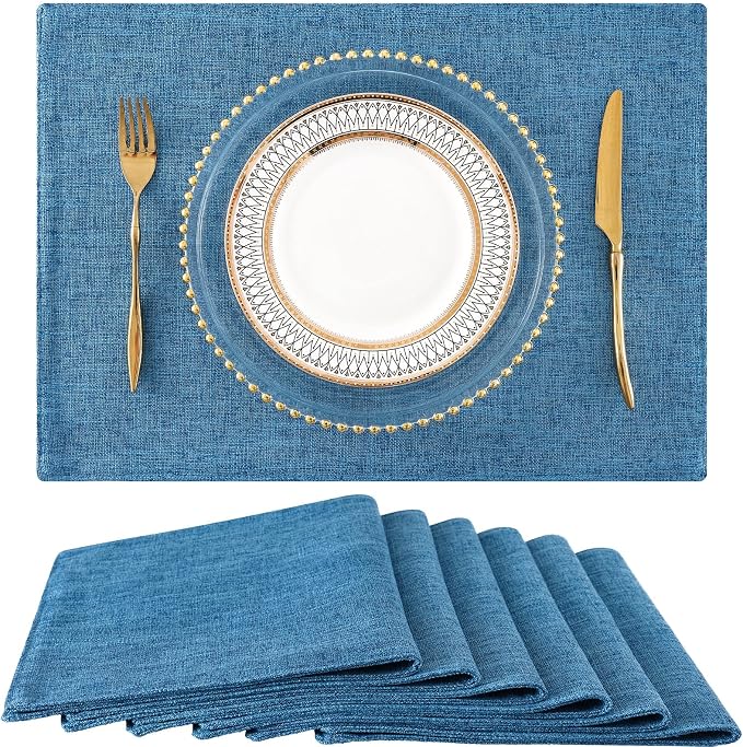 homing Faux Cotton Linen Placemats Set of 6, Cloth Washable Farmhouse Dining Table Mats for Indoors & Outdoors, Easy to Clean, Blue, 13 x 19 Inch