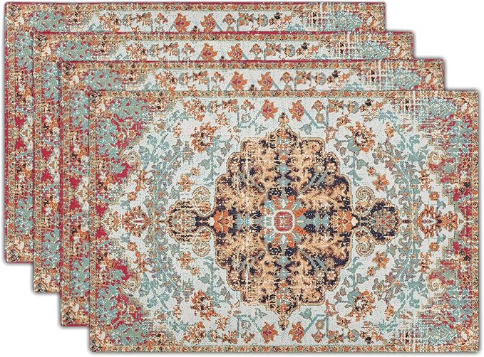 Ethnic Boho Placemats Set of 4 Bohemian Carpet Vintage Black Coral Floral Linen Washable Kitchen Dining Table Mats Stain Heat-Resistant Desktop Decor Place for Home Party Indoor 12x18 in
