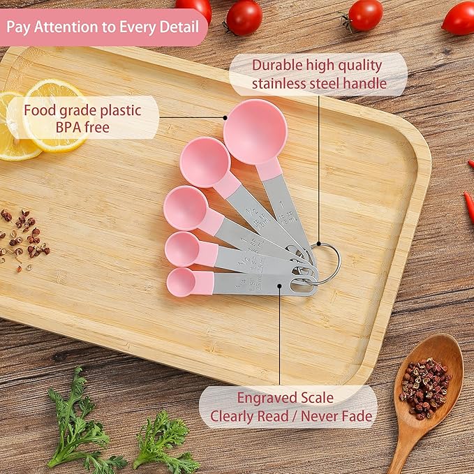 Measuring Cups and Spoons Set of Huygens Kitchen Gadgets 10 Pieces, Stackable Stainless Steel Handle Measuring Cups for Measuring Dry and Liquid Ingredient (Pink)