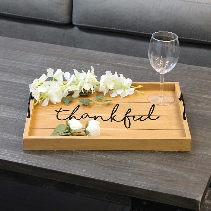 Elegant Designs HG2000-NTF Decorative Wood Serving Tray w/Handles, 15.50" x 12", Thankful