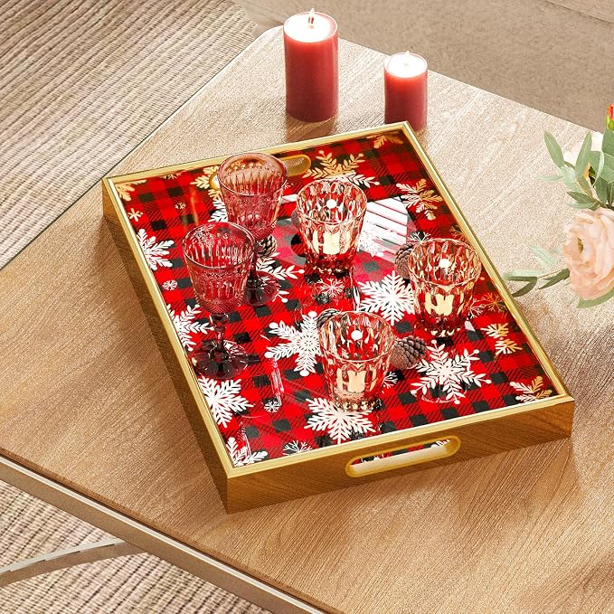 Christmas Gold Serving Tray with Handles, Plastic Decorative Tray, Rectangular Coffee Table Tray for Ottoman, Storage Trays for Bathroom, Living Room Decor