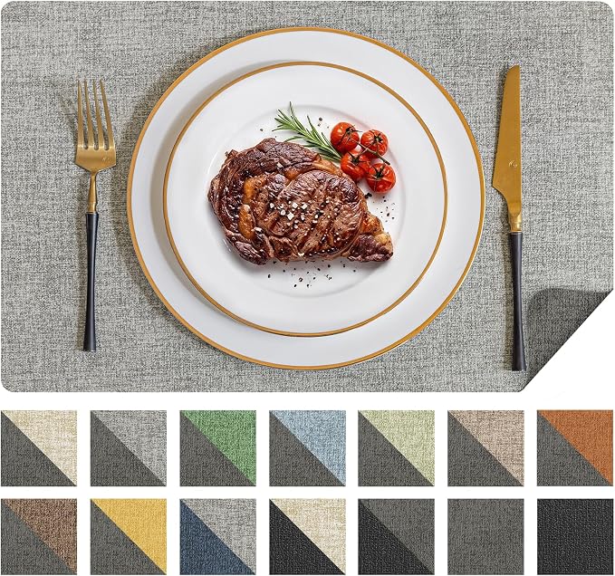 Romanstile Vinyl Placemats Set of 6, Reversible Faux Leather Heat Resistant Wipeable Table Mats, Waterproof Washable Non-Slip Table Placemats for Dining/Kitchen/Outdoor (Grey Light Grey, 12" x 17")