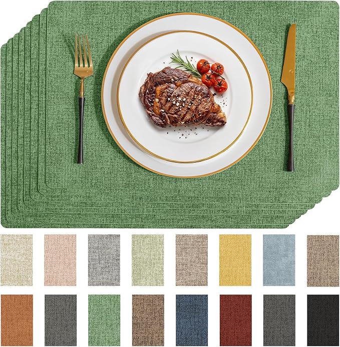 Romanstile Vinyl Placemats Set of 8-12 X 17 Inch - Faux Leather 100% Waterproof Wipeable Anti Slip Place Mats, Heat Resistant Reversible PU Table Mats for Kitchen Dining Party Outdoor, Dark Green