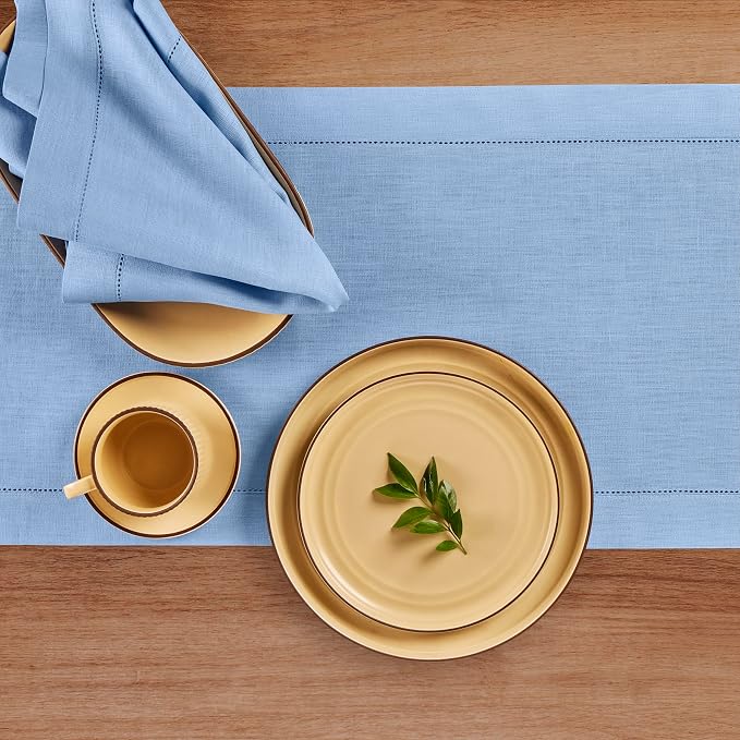 Solino Home Linen Cornflower Blue Table Runner 144 Inches Long - 100% Pure Linen Hemstitch 14 x 144 Inch Table Runner for Dining, Summer - Classic Hemstitch