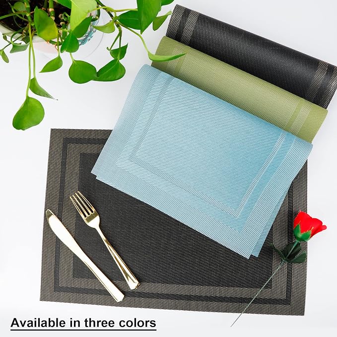 Placemats,Table Place Mats for Kitchen Dining, Heat-Resistant Anti-Skid Stain Washable PVC Table Mats, Easy to Cleaning Woven Vinyl Dinner Mats (Black, 6 Pack)