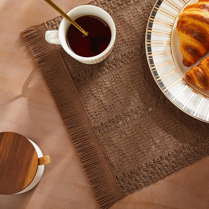 ZeeMart Macrame Style Boho Placemats Set of 4, Caramel 12x20 Inch | Decorative Farmhouse Table Mats, Natural Cotton Woven Place Mats, Bohemian Home Decor for Kitchen Dining Table