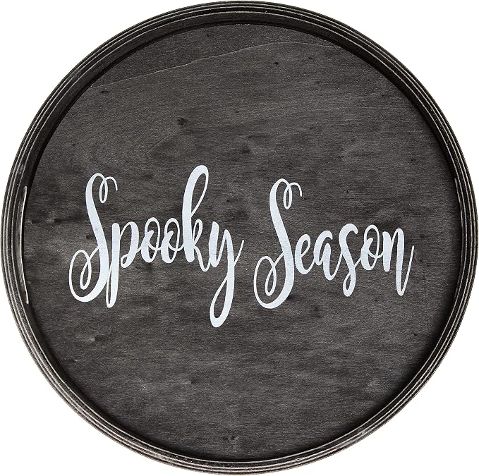 Elegant Designs HG2013-BKS Halloween Decoration Decorative 13.75'' Round Wood Serving Tray w/Handles, Black Spooky Season