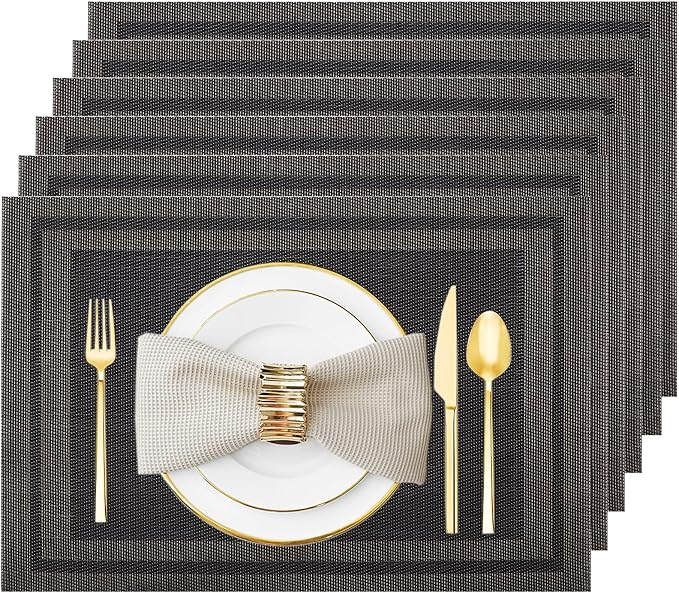 Placemats Set of 6 Washable&Wipeable Place mats for Dining Table Kitchen Indoor Outdoor Table Mats Heat Resistant Non Slip Woven Vinyl Table Placemats (Black，6PCS)