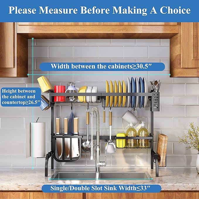 SAYZH Over the Sink Dish Drying Rack, Adjustable (25.5 to 33.5 inch) 2 Tier Metal Steel Dish Drying Racks for Kitchen Counter with Hooks Paper Towel Utensil Cup Holder Sink Caddy (Black)