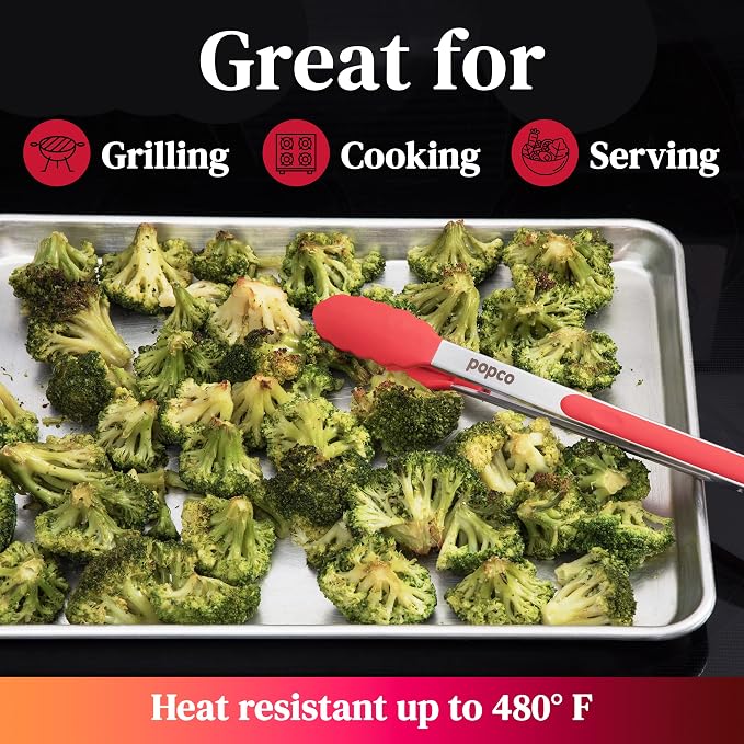 Popco 3-Piece Kitchen Tongs Set – Stainless Steel Heat Resistant Silicone Tips, Strong Comfort Grip, 3 Sizes (7, 9, 12 Inch), Non-Scratch, Dishwasher Safe, For Cooking, BBQ, Salad