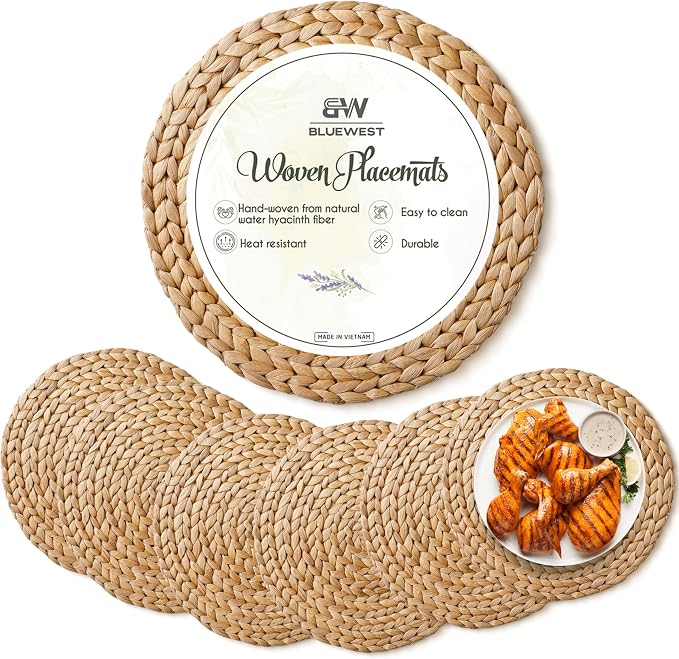 BLUEWEST Round Woven Placemats (12"-15") - Rattan, Wicker Water Hyacinth, Braided Set - Heat Resistant/Anti-Slip for Dinner Plates (12", Set of 6)