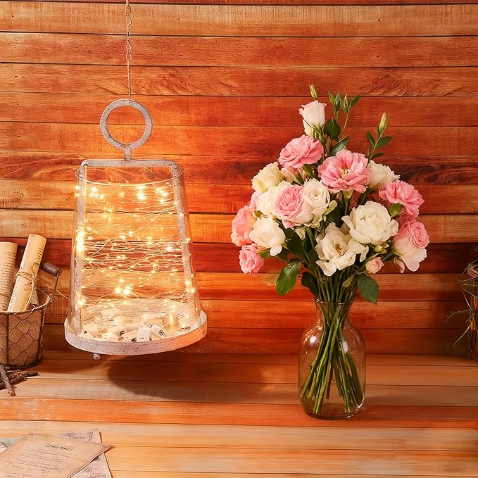 9" Wide Modern Farmhouse Metal Hurricane Candle Holder with Handmade Sturdy Glass Sleeve in Vintage White for Pillar Candle & Plants, Glass Hurricane Lantern, Industrial, Minimalistic