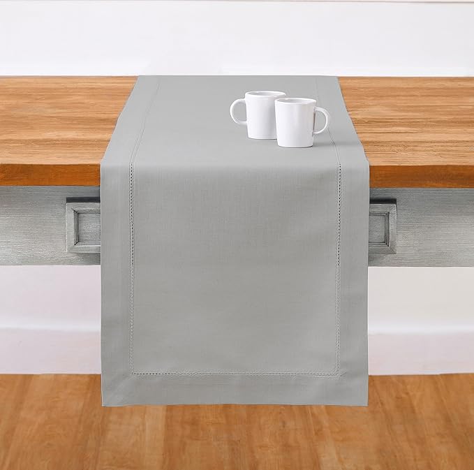 Solino Home Cotton Linen Light Grey Table Runner 72 Inches Long - Hemstitch Table Runner 14 x 72 Inch for Dresser, Dining, Spring, Summer