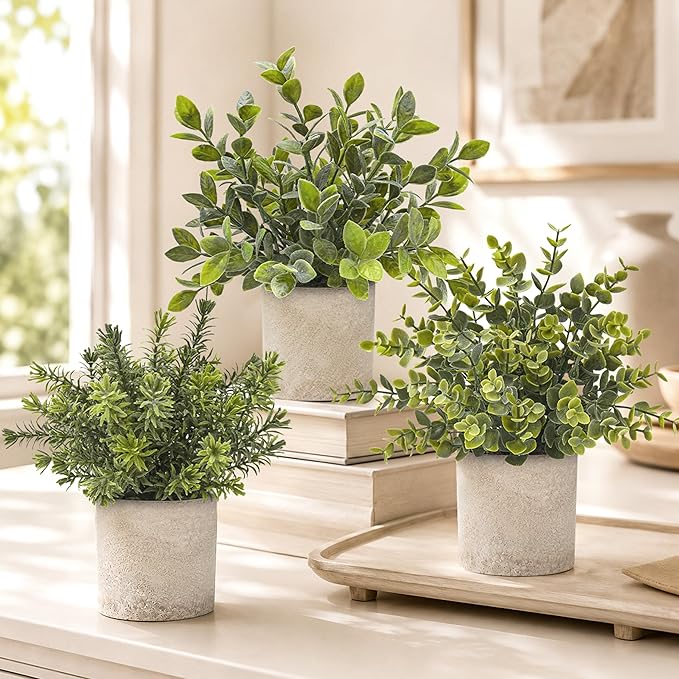 Der Rose 3 Pack Mini Potted Fake Plants Artificial Plastic Eucalyptus Plants Topiaries for Home Office Desk Farmhouse Shelf Room Bathroom Decor(Sage Green)