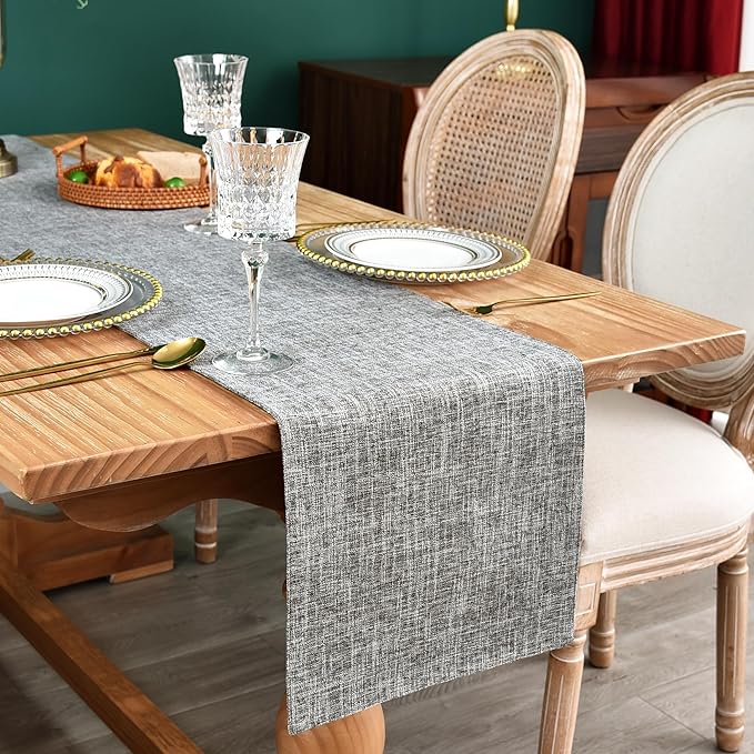 Farmhouse Rustic Faux Linen Table Runner Neutral Grey Table Runners Double Layer Reversible Rectangle Runners for Daily Use Kitchen Dining Banquet Holiday 13x72 Inch