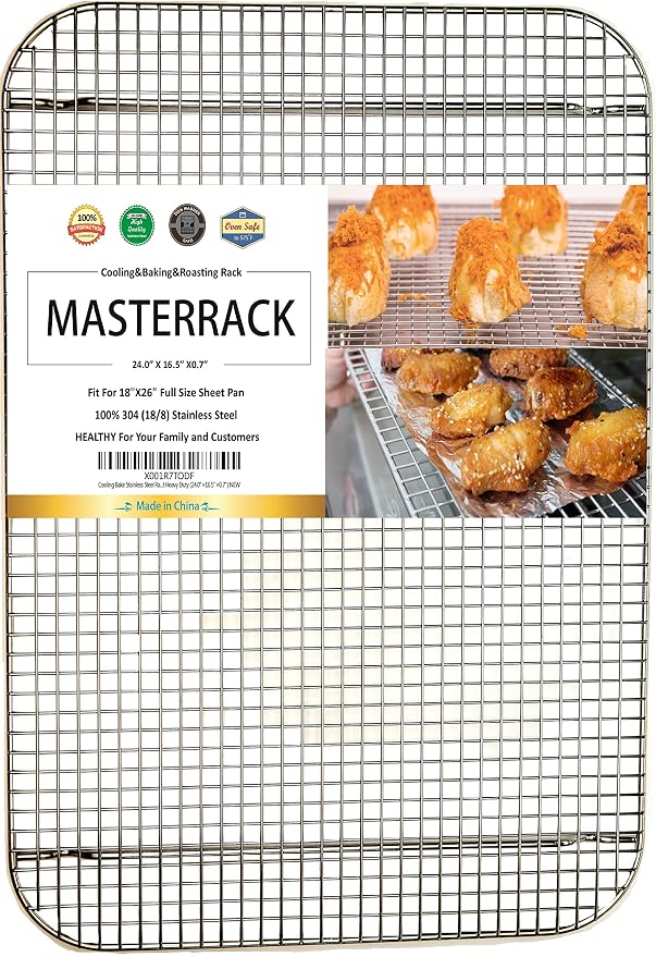 100% 304 Stainless Steel Cooling Rack and Wire Grate For Full Size Sheet Bun Pan,Real Heavy Duty 3.20LB, Roasting,Drying,Commercial Quality, Healthy Material