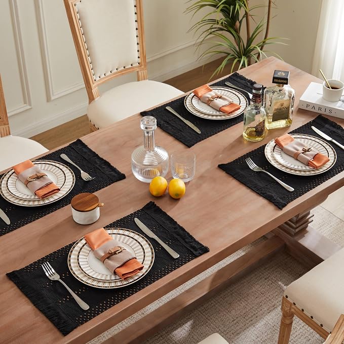ZeeMart Macrame Style Boho Placemats Set of 4, Black 12x20 Inch | Decorative Farmhouse Table Mats, Natural Cotton Woven Place Mats, Bohemian Home Decor for Kitchen Dining Table