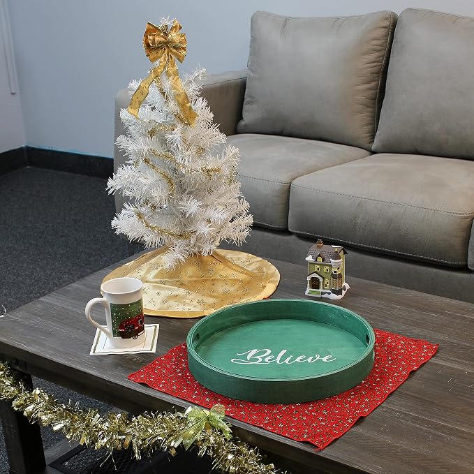 Elegant Designs HG2013-GBL Christmas Decorative 13.75'' Round Wood Serving Tray w/Handles, Green Believe