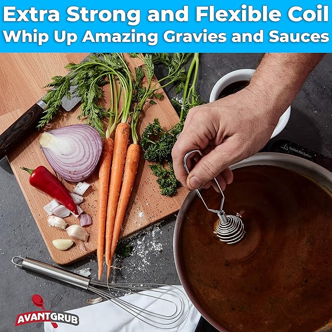 Chef Grade, Extra Strong 8 Inch French Coil Whisk 2 Pk. Best Metal Galaxy Kitchen Whisks for Mixing Gravy. Perfect Stainless Steel Spiral Hand Whip for Baking and Cooking. Great Egg Beater Wire Whisk