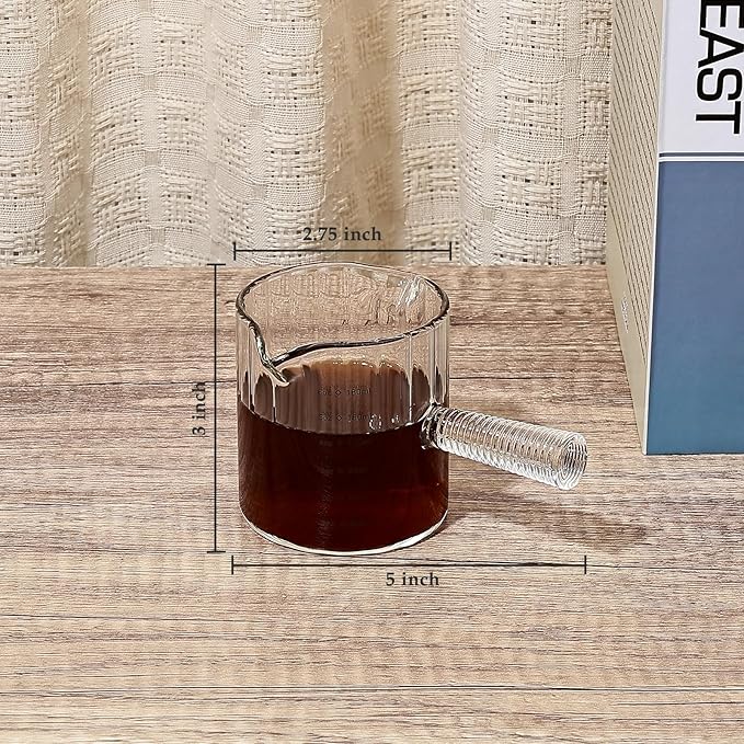 Koythin Glass Measuring Cups, Espresso Shots Cup for Latte Cappuccino, Minimalist Espresso Cups with Double V-Shaped Spout, Ribbed Coffee Bar Accessories with Glass Handle, 3 oz/180 ml (Cylindrical)